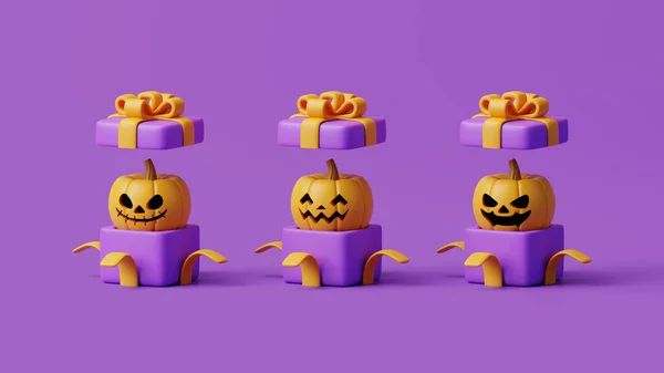 Kinyitott Ajándékdobozok Halloweeni Jack Lantern Sütőtökkel Lila Háttérrel Boldog Halloweent — Stock Fotó