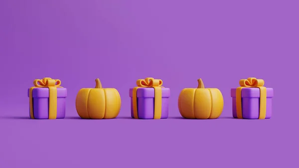 Calabazas Jack Lantern Cajas Regalo Sobre Fondo Púrpura Feliz Concepto —  Fotos de Stock