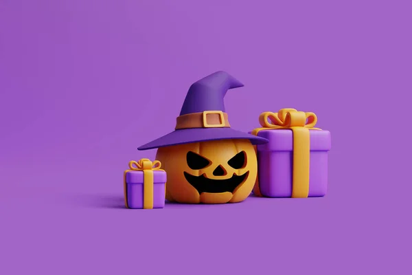 Tecknad Presentförpackning Med Halloween Jack Lantern Pumpa Bär Häxa Hatt — Stockfoto