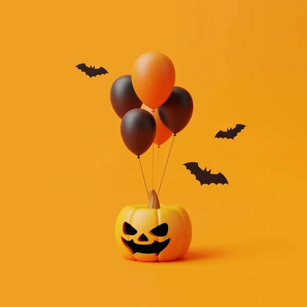 Dynia Jack Lantern Nietoperzami Balonami Pomarańczowym Tle Wesołego Halloween Tradycyjne — Zdjęcie stockowe