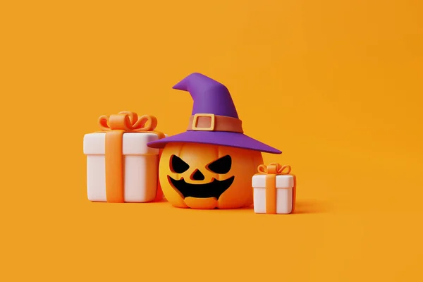 Kotak Hadiah Kartun Dengan Halloween Jack Lantern Labu Mengenakan Topi — Stok Foto