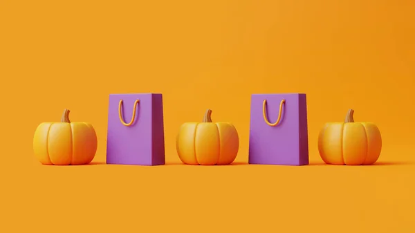 Dynie Jack Lantern Torby Zakupy Pomarańczowym Tle Wesołego Halloween Tradycyjne — Zdjęcie stockowe