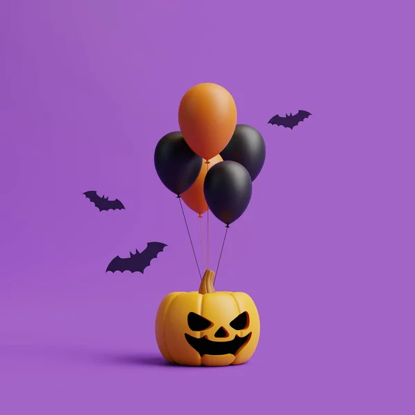 奥灯南瓜与蝙蝠和气球紫色背景 万圣节快乐的概念 传统的10月假期 3D渲染说明 — 图库照片