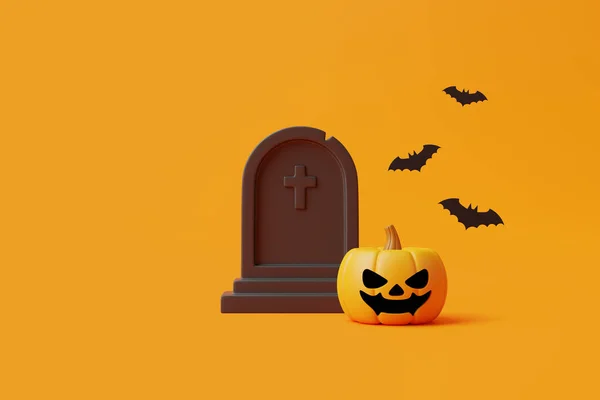 奥灯南瓜与坟墓和蝙蝠紫色背景 万圣节快乐的概念 传统的10月假期 3D渲染说明 — 图库照片