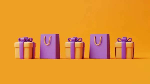 Cartoon Gift Boxes Shopping Bags Orange Background Happy Halloween Concept — Stock Photo, Image