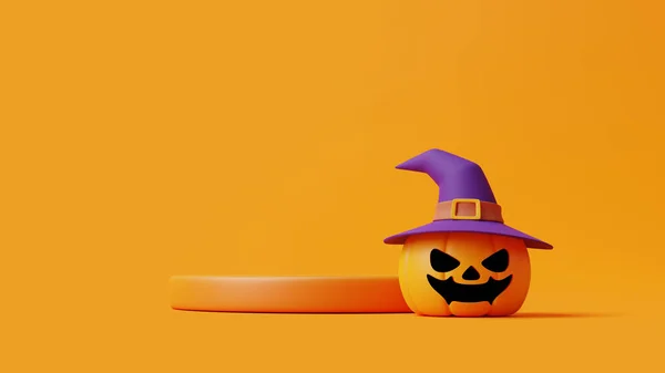 Töklámpás Tökök Boszorkánykalapot Pódiumot Viselnek Narancssárga Háttér Bemutatásához Boldog Halloweent — Stock Fotó