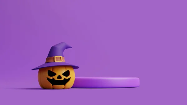 紫の背景に製品表示のための魔女の帽子と表彰台を身に着けているジャック オランタンカボチャ ハッピーハロウィンのコンセプト 伝統的な10月の休日 3Dレンダリング図 — ストック写真