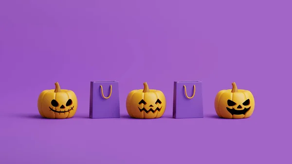 Dynie Jack Lantern Torby Zakupy Fioletowym Tle Wesołego Halloween Tradycyjne — Zdjęcie stockowe