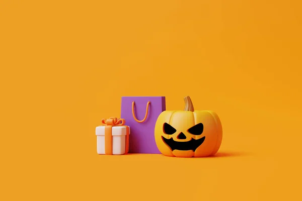 Dynia Jack Lantern Pudełko Torba Zakupy Pomarańczowym Tle Wesołego Halloween — Zdjęcie stockowe