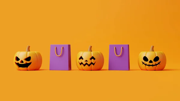Töklámpás Tökök Bevásárló Táskák Narancssárga Háttérrel Boldog Halloweent Hagyományos Októberi — Stock Fotó