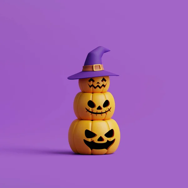 Jack Lantern南瓜头戴紫色背景的女巫帽万圣节快乐的概念 传统的10月假期 3D渲染说明 — 图库照片