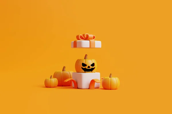 Otevřená Dárková Krabice Halloweenskými Dýněmi Jack Lantern Oranžovém Pozadí Šťastný — Stock fotografie