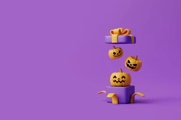 Öppnad Presentförpackning Med Halloween Jack Lantern Pumpor Lila Bakgrund Glad — Stockfoto