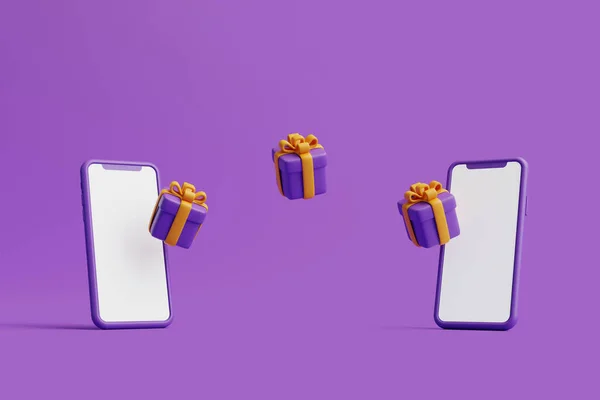 紫色の背景にスマートフォンでギフトボックス ハロウィンセールテンプレート 伝統的な10月の休日 3Dレンダリング図 — ストック写真