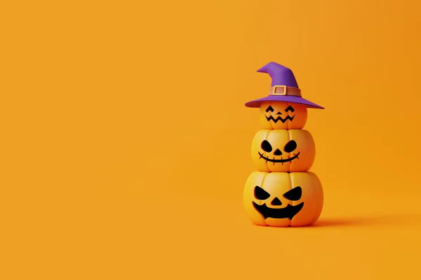 Jack Lantern Kürbisse Mit Hexenhut Auf Orangefarbenem Hintergrund Happy Halloween — Stockfoto