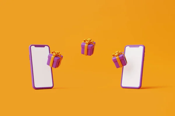 装有智能手机的礼品盒 背景为橙色 万圣节销售模板 传统的10月假期 3D渲染说明 — 图库照片