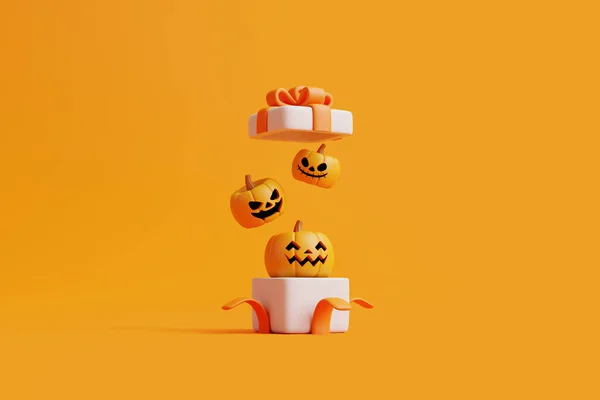 Kinyitott Ajándék Doboz Halloween Jack Lantern Sütőtök Narancssárga Háttérrel Boldog — Stock Fotó