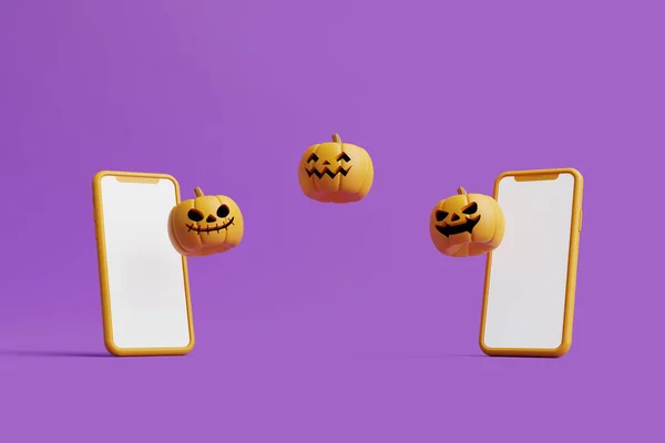 Abóboras Jack Lanterna Com Smartphone Fundo Roxo Modelo Venda Halloween — Fotografia de Stock