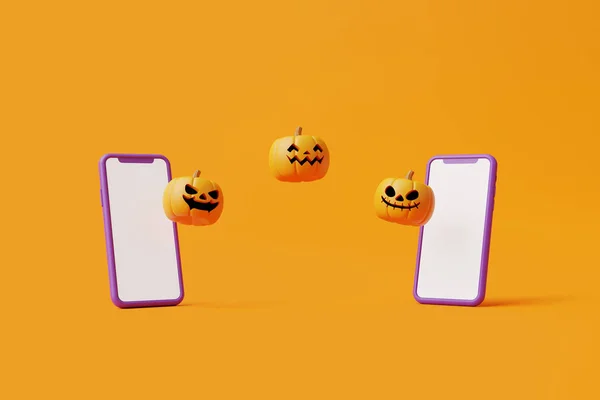Labu Jack Lantern Dengan Smartphone Dengan Latar Belakang Oranye Templat — Stok Foto