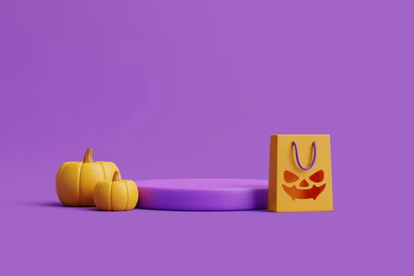 Jack Lantern南瓜 产品展台和紫色背景购物袋 万圣节快乐的概念 传统的10月假期 3D渲染说明 — 图库照片