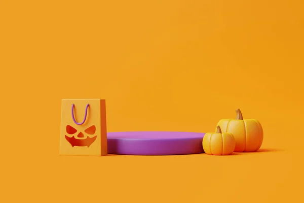 Jack Lantern Pumpkins Podium Product Display Shopping Bag Orange Background — 스톡 사진