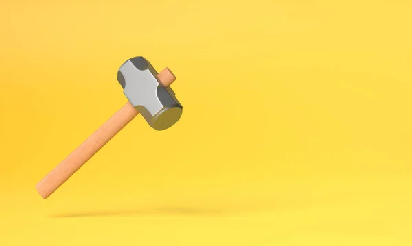 黄色背景上有复制空间的飞锤 铁锤铁锤工具创意最小的概念 3D渲染3D示例 — 图库照片
