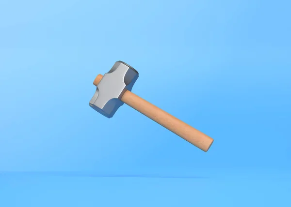 蓝色背景上的飞锤 有复制空间 铁锤铁锤工具创意最小的概念 3D渲染3D示例 — 图库照片