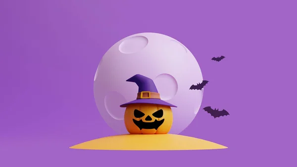 Jack Lantern南瓜头戴女巫帽 在月亮下穿着紫色背景的蝙蝠 万圣节快乐的概念 传统的10月假期 3D渲染说明 — 图库照片
