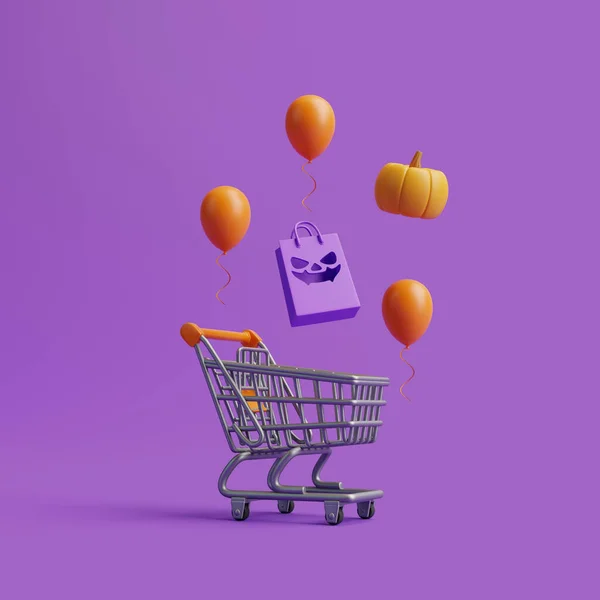 Happy Halloween Sale Jack Lantern Pumpkins Shopping Bag Balloons Purple — Stock Photo, Image