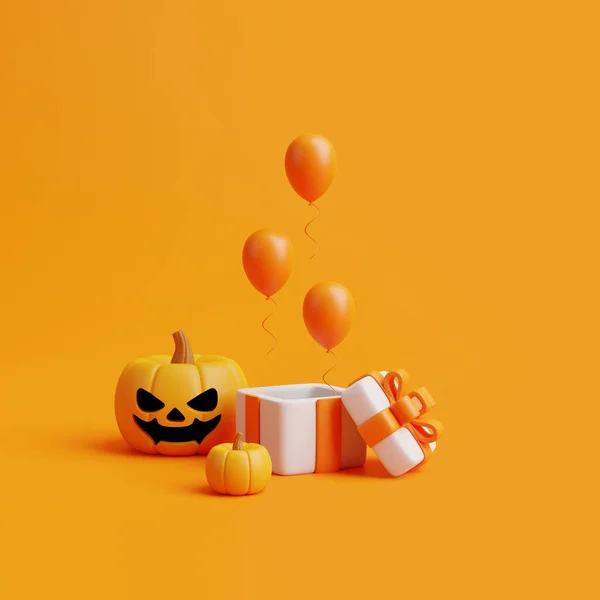 Otwarte Pudełko Balonami Halloween Jack Lantern Dynie Pomarańczowym Tle Wesołego — Zdjęcie stockowe