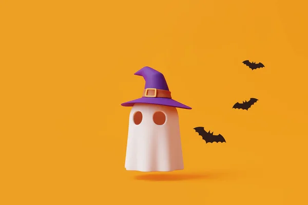 Hantu Kartun Halloween Sederhana Mengenakan Topi Penyihir Dengan Kelelawar Latar — Stok Foto