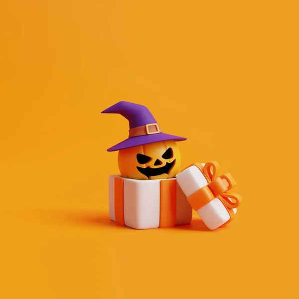 Otwarte Pudełko Dynią Halloween Jack Lantern Kapeluszu Czarownicy Pomarańczowym Tle — Zdjęcie stockowe