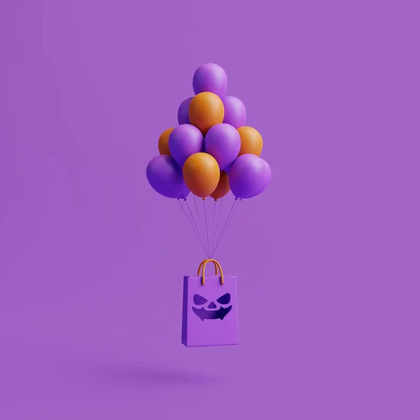 奥灯南瓜购物袋和气球漂浮在紫色背景 万圣节快乐的概念 传统的10月假期 3D渲染说明 — 图库照片