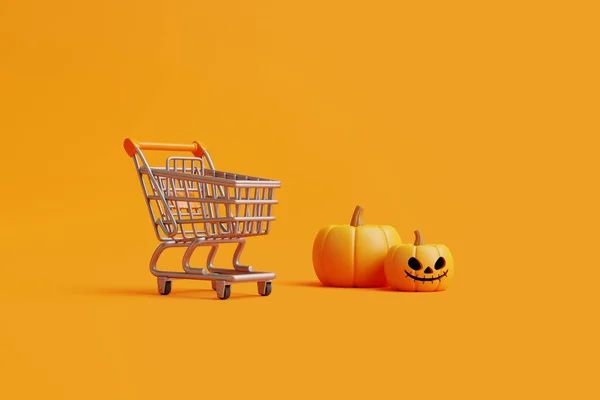 ジャック オランタンのカボチャとオレンジの背景のショッピングカートでハッピーハロウィーンの販売 ハロウィンセールのコンセプト 伝統的な10月の休日 3Dレンダリング図 — ストック写真