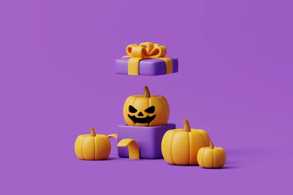 Öppnad Presentförpackning Med Halloween Jack Lantern Pumpor Lila Bakgrund Glad — Stockfoto