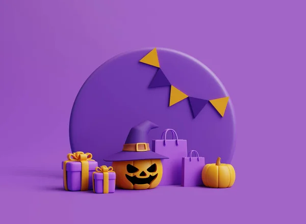 Rajzfilm Ajándékdobozok Halloween Jack Lantern Tök Visel Boszorkány Kalap Bevásárlótáskák — Stock Fotó
