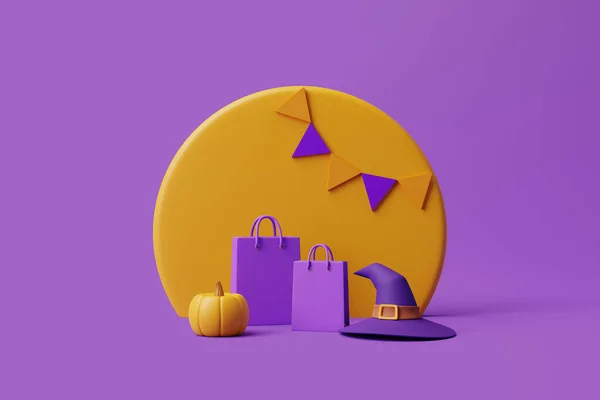 Töklámpás Tökfej Boszorkánykalapban Bevásárlószatyorban Lila Hátterű Transzparenssel Boldog Halloweent Hagyományos — Stock Fotó