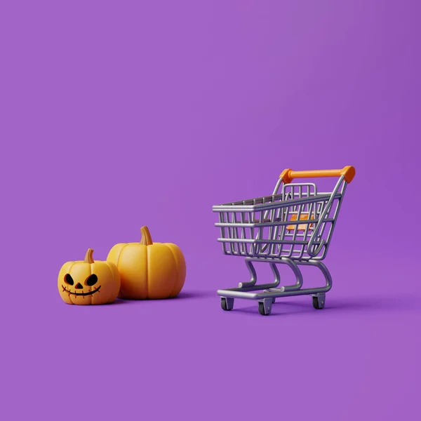 Happy Halloween Verkauf Mit Jack Lantern Kürbissen Und Einkaufswagen Auf — Stockfoto