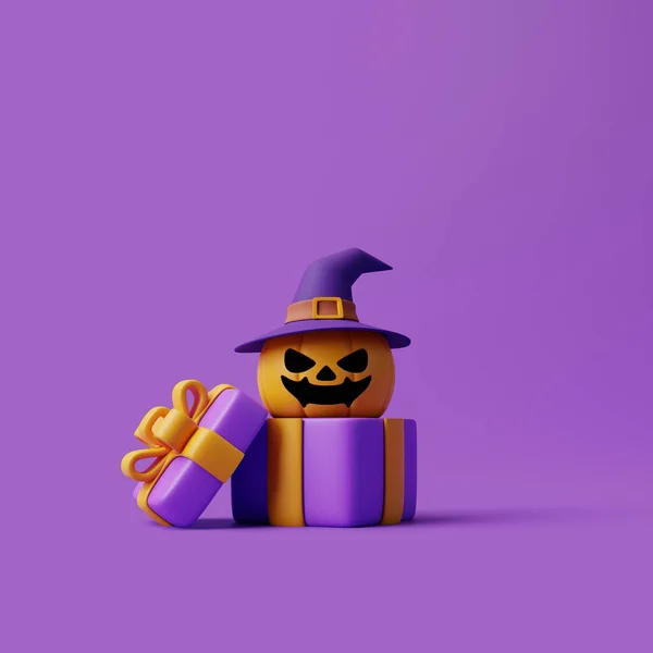 打开的礼品盒 万圣节前夕 Lantern南瓜头戴紫色背景的女巫帽 万圣节快乐的概念 传统的10月假期 3D渲染说明 — 图库照片