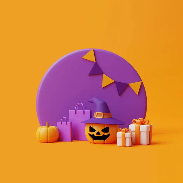 Tecknad Presentförpackning Med Halloween Jack Lantern Pumpor Bär Häxa Hatt — Stockfoto