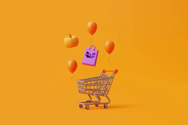 Счастливая Распродажа Хэллоуин Джеком Лансом Сумкой Покупок Воздушными Шариками Оранжевом — стоковое фото