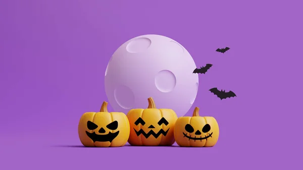 Jack Lantern Pumpkins和蝙蝠在月亮下的紫色背景 万圣节快乐的概念 传统的10月假期 3D渲染说明 — 图库照片