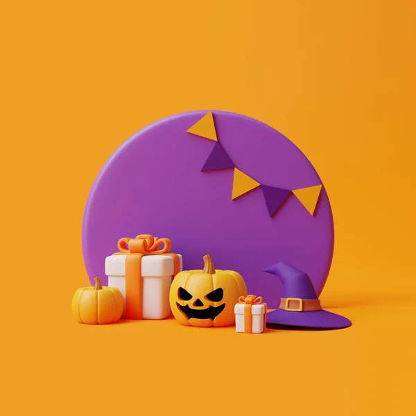 Rajzfilm Ajándékdobozok Halloween Jack Lantern Tök Visel Boszorkány Kalap Banner — Stock Fotó