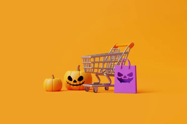 Feliz Venta Halloween Con Calabazas Jack Lantern Carrito Compras Bolsa —  Fotos de Stock