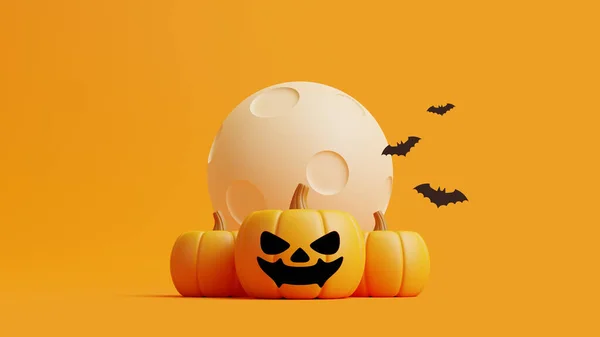 Jack Lantern Pumpkins Bats Moon Orange Background Happy Halloween Concept — Stock Photo, Image
