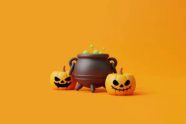 Jack Lantern Pumpkins Cauldron Orange Background Happy Halloween Concept Traditional — Stock Photo, Image