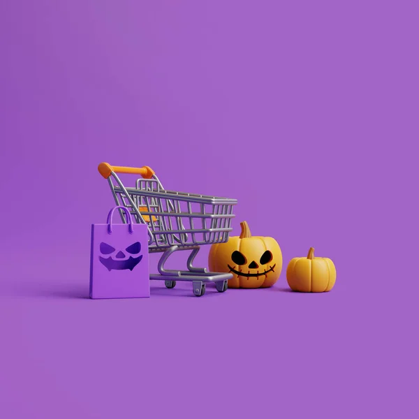 Feliz Venda Halloween Com Abóboras Jack Lanterna Carrinho Compras Saco — Fotografia de Stock