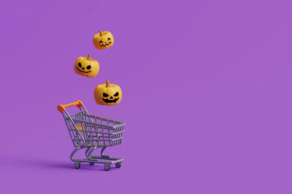 Gelukkige Halloween Uitverkoop Met Jack Lantern Pompoenen Winkelwagen Paarse Achtergrond — Stockfoto