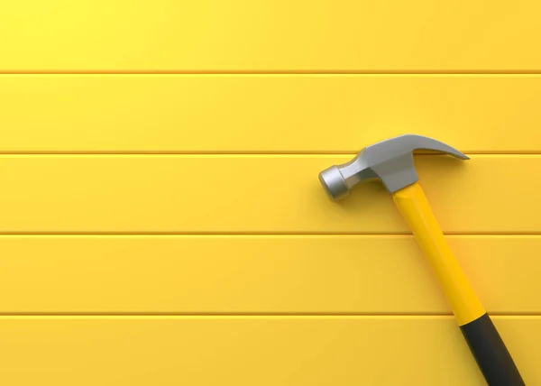 Claw hammer with yellow plastic handle isolated on yellow background. Top view, minimalism. Copy space. 3d rendering illustration
