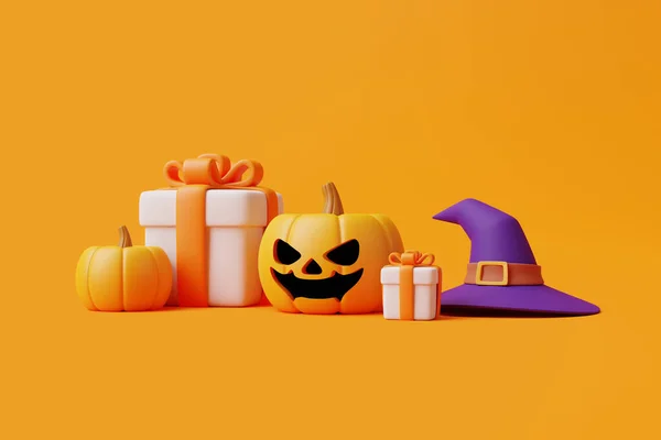 Tecknad Presentförpackning Med Halloween Jack Lantern Pumpor Bär Häxa Hatt — Stockfoto